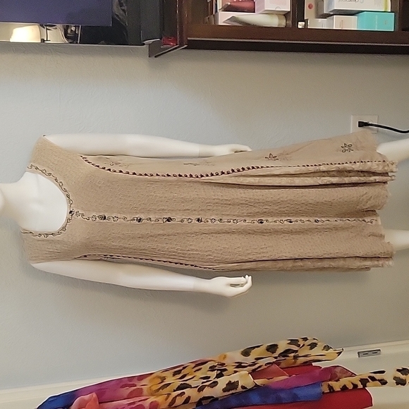 VTG MAGIC 1980s Tan Floral Embroidered Tie Back Sleeveless Circle Dress - Picture 3 of 16